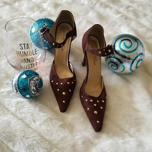 Burgundy shoes with gold nail heads